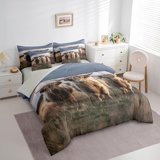 Erosebridal Highland Cow Print Comforter Sets with Sheets, Farm Animal Bedding Set King for Boys Girls Country Style 7Pcs Bed in A Bag Rustic Farmhouse Bed Set