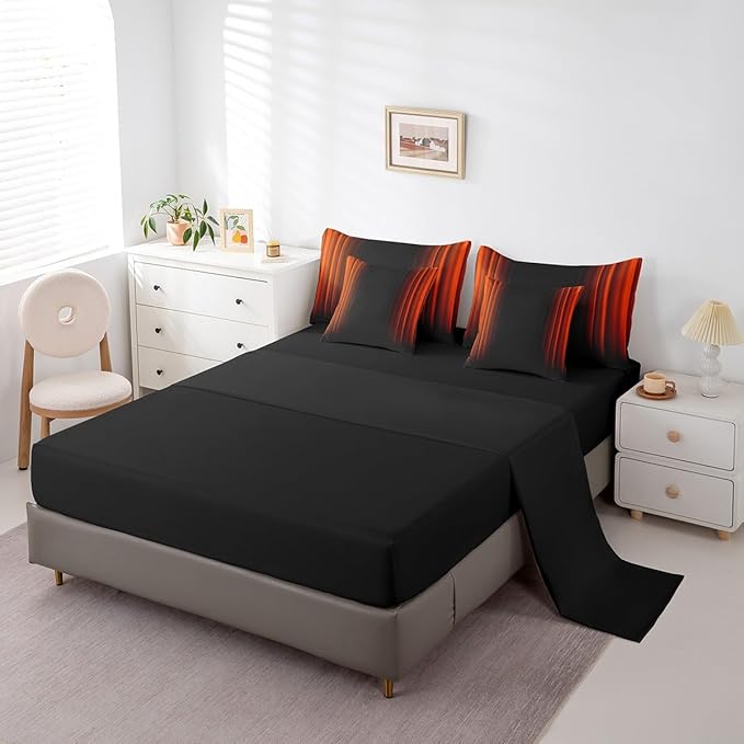 Feelyou Geometric Abstract Ombre Comforter Set with Sheets Kids Teens Orange Red and Black Striped Bedding Bed Set Decor Modern Fashion Bed in a Bag Bedroom Collection Twin Size