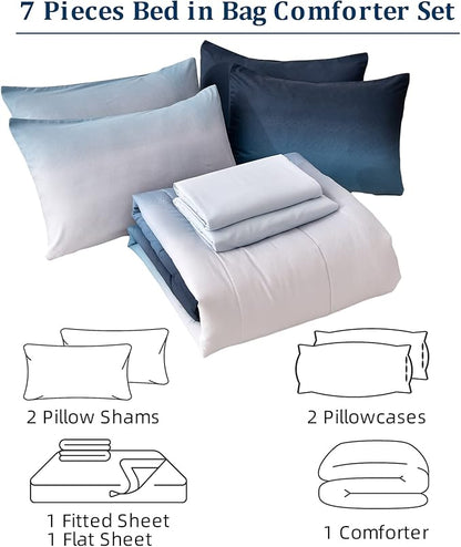 Anibedding Blue Comforter Set Queen - 7 Pieces Ombre Blue White Microfiber Bedding Set - All Season Down Alternative Light Ocean Sea Abstract Bed in a Bag for All Season (90" x90")
