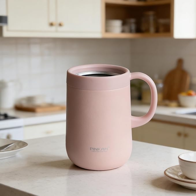 Stainless Steel Coffee Mug with Lid and Handle, Double Wall Vacuum Insulated Cup, 16oz, Pink