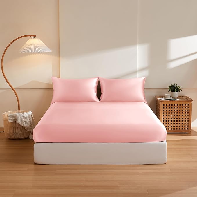 THXSILK 6A+ Top Grade 100% Pure Mulberry Silk Queen Fitted Sheet 3Pcs Set Bed Sheets Luxury Bedding for Hair and Skin Health Oeko-TEX Certified Safety, 1 Fitted Sheet with 2 Pillowcases, Charming Pink