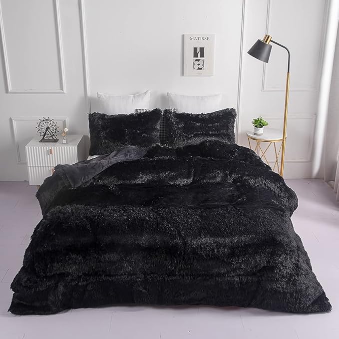 chovy Faux Fur Plush Black Comforter Sets Twin/Full Size - Ultra Soft Shaggy Flannel Velvet Fluffy Fuzzy 3PC Bedding Set （Comforter x 1 Pillowcases x 2）