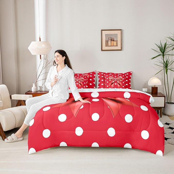 Feelyou Red Bowknot 7 Piece Bedding Set Polka Point Comforter Set with Sheets for Kids Boys Girls Cute Bow Bed in a Bag Princess Theme Bed Set Soft Lightweight