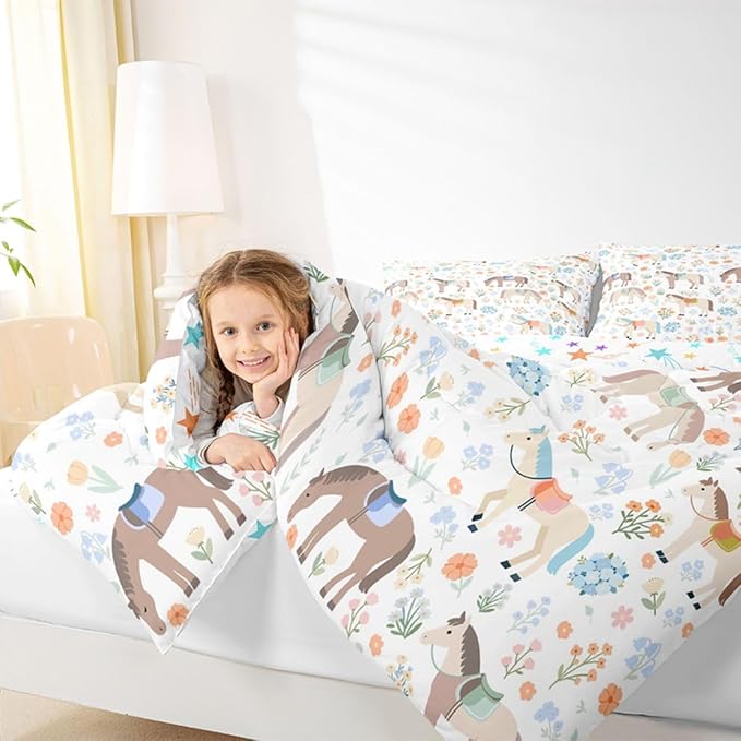 Cute Horse Bedding Sets Full Size,Watercolor Flower Comforter Set 3Pcs for Kids Girls Boys Women Room Decor,Rustic Farmhouse Quilted Duvet Boho Animal Plants Down Comforter,2 Pillowcases