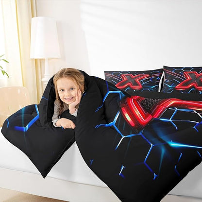 Manfei Geometric Honeycomb Kids Comforter Set Twin Size,Blue Neon Hexagon Abstract Bedding Set for Boys Girls Man Room Decor,Light Gaming Fashion Down Comforter,Red Black Duvet Insert,1 Pillowcase