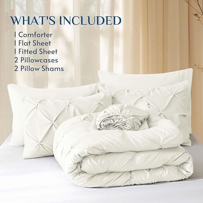 JOLLYVOGUE Queen Comforter Set 7 Pieces - Bed in a Bag Queen for All Season, Pintuck Bedding Comforter Sets with Comforter, Flat Sheet, Fitted Sheet and Pillowcases & Shams, Ivory