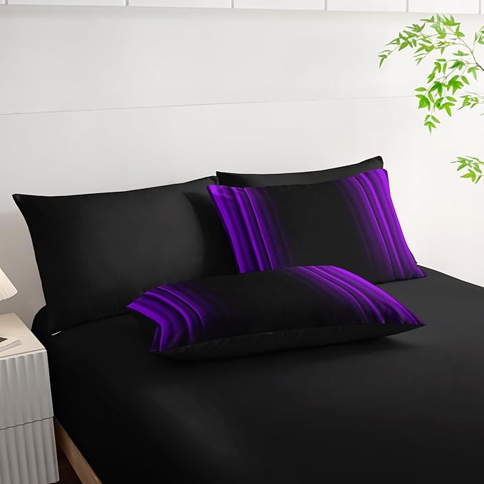 Purple and Black Bedding Set King Size Abstract Ombre Comforter Set Bedding Set 7 Piece in A Bag,Dark Quilt Set Mordern Art Decor All Seasons with Pillowcases,Flat, Fitted Sheet