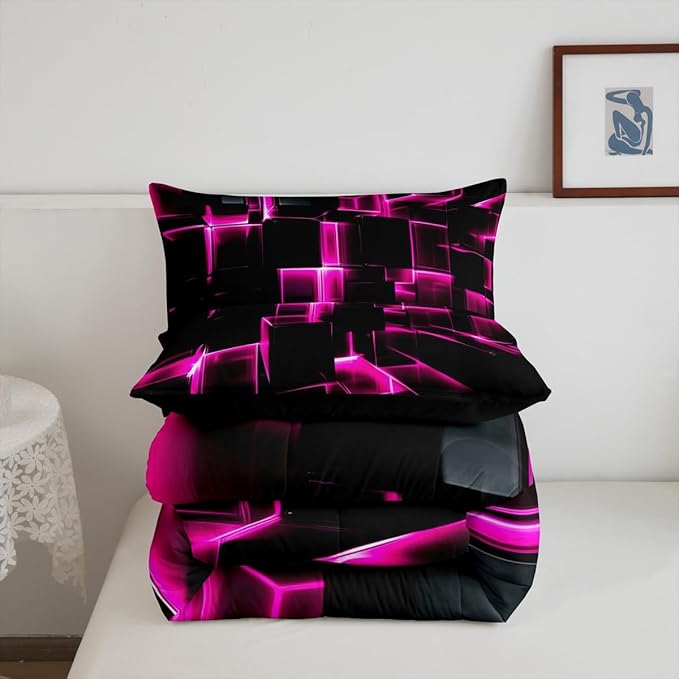 Erosebridal Honeycomb Square Comforter Set for Kids Girls 3D Geometric Square Bedding Twin, Pink Black Neon Lights Bedding Sets, Gradient Print Duvet Insert with 1 Pillow Case
