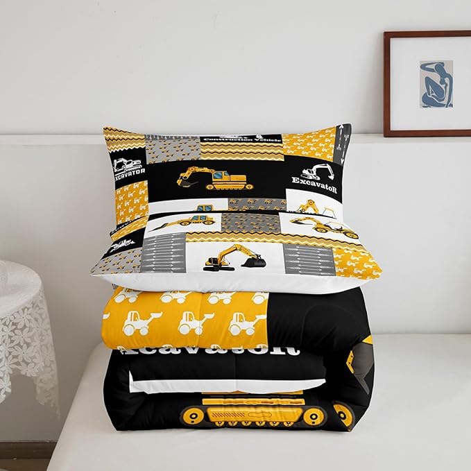 Feelyou Excavator Comforter Construction Vehicles Comforter Set Equipment Trucks Bedding Set for Children Kids Boys Girls Cartoon Car Duvet Set Geometric Lattice Room Decor Quilt Set Full Size Yellow