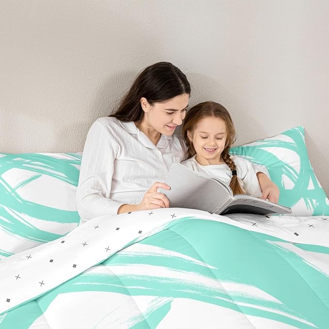 Turquoise and White Striped King Bedding Set for Kids Teens Adults, Geometric Striped Comforter Set for Minimalists,Graffiti Aesthetic Lines Duvet Insert,Contemporary Boho Modern Art Quilt