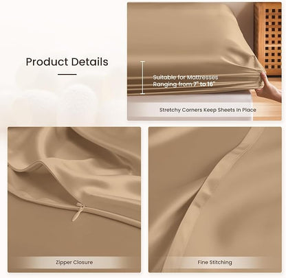 THXSILK 6A+ Top Grade 100% Pure Mulberry Silk Cal. King Fitted Sheet 3Pcs Set Bed Sheets Luxury Bedding for Hair and Skin Soft Breathable Cooling, 1 Fitted Sheet with 2 Pillowcases, Taupe