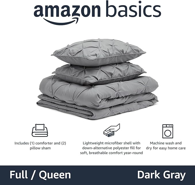 Amazon Basics Soft, Warm Pinch Pleat Design Comforter Set, All-Season Down-Alternative 3-Piece Bedding Set with Piped Edges, Full/Queen Size, Dark Grey