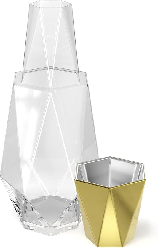 American Atelier 37 oz Fifth Avenue Modern Geometric Bedside Water Carafe with Tumbler Lid – 9" Glass Pitcher with Gold Accent for Nightstand, Guest Room & Office Drinkware (Gold)