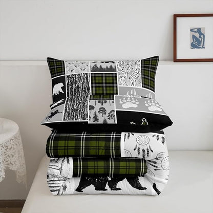 Erosebridal Rustic Farmhouse Comforter Set Toddler,Western Cowboy Bedding for Boys Girls Western Bedroom Decor,Sage Green Plaid Grid Duvet Insert,Bear Wildlife Hunting Theme Quilt Comforter 2Pcs