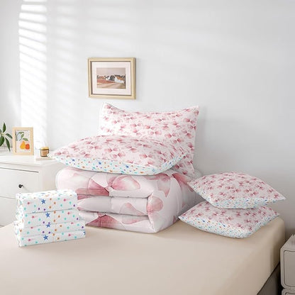 Feelyou Pink Bow Comforter Set with Sheets Twin Size Kids Bowknot 7 Pieces Bedding Set for Boys Girls Teens Gift for Girls Women Bed in a Bag Breathable Princess Décor Bed Set
