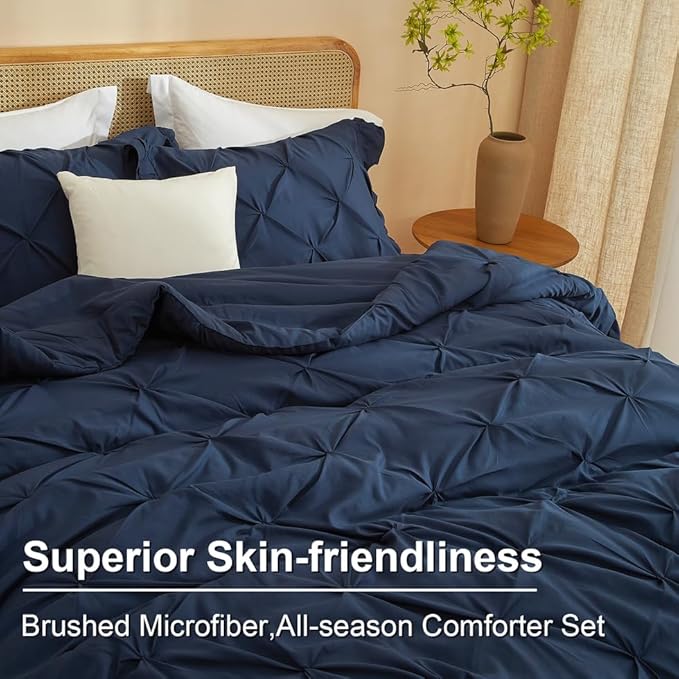 AMWAN Ruffled Pintuck Shabby Chic Farmhouse Comforter Set King Size 3 PCS (1 Solid Ruffled Comforter with 2 Pillowcases) Soft Fluffy Pinch Pleated Comforter Set All Seasons Comforter Set Dark Blue