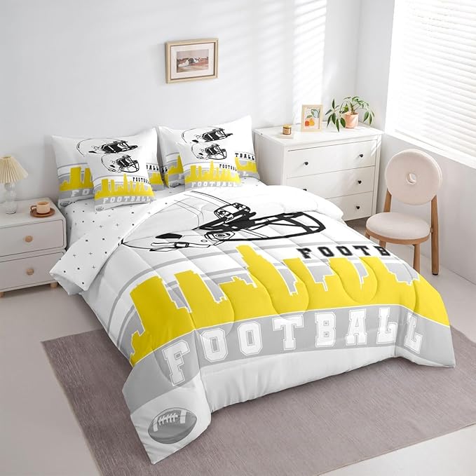 Erosebridal Football 7 Pcs Comforter Set King Football City Bedding Teens Grey Yellow Football Fans Sheet Set Bed in A Bag Rugby Game Room Decor Sports Ball Competition Quilt