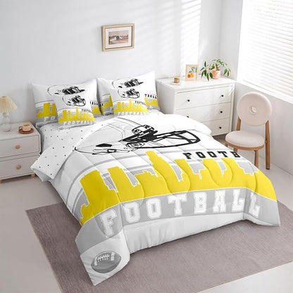 Erosebridal Football 7 Pcs Comforter Set King Football City Bedding Teens Grey Yellow Football Fans Sheet Set Bed in A Bag Rugby Game Room Decor Sports Ball Competition Quilt