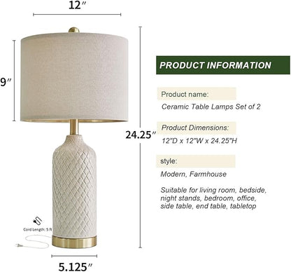 24.25" Table Lamps Set of 2 Modern Ceramic Lamps for Living Room Bedside Lamps Gold for Night Stands Boho Bedroom Lamp Farmhouse Side End Table Lamps
