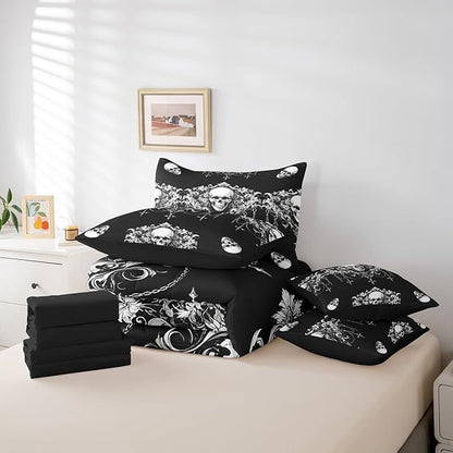 Erosebridal Gothic 7 Piece Comforter Set Full Bed in a Bag,Goth Sugar Skull Black and White Damask Bedding Set,Bohemian Vintage Floral Comforter and Sheet Set,Exotic Antique Victorian Baroque Decor