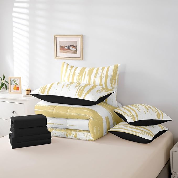 Erosebridal 7Pcs Yellow Striped Comforter Set Queen for Women Men,Modern Geometric Abstract Bedding with Bed Sheets,Gradient Art Aesthetic Bed in A Bag,Boho Graffiti Quilt Set with Pillowcases