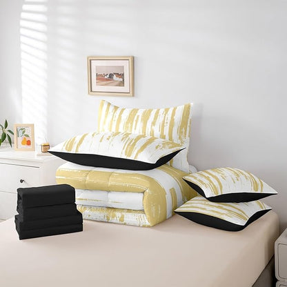 Erosebridal 7Pcs Yellow Striped Comforter Set Queen for Women Men,Modern Geometric Abstract Bedding with Bed Sheets,Gradient Art Aesthetic Bed in A Bag,Boho Graffiti Quilt Set with Pillowcases
