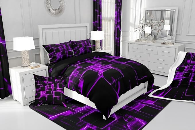 Erosebridal Fluorescent Purple and Black Kids Comforter Set, Modern Geometric Square Bedding Sets Colorful Gradient Neon Light Honeycomb Duvet Insert Twin 2 Pieces