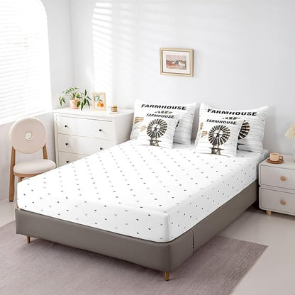 Erosebridal Farmhouse Decor Comforter Set Bed in a Bag King Size Rustic Windmill Comforter Set with Wooden Style Sheets (1 Comforter, 2 Pillowcases, 2 Throw Pillow Covers)
