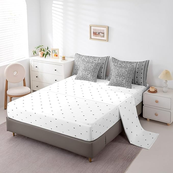 Comforter Set Twin Size, Grey Damask Aztec 7 Pcs Bedding for Kids and Adults, Antique Decor Western Baroque Gothic Floral Bed Sheet Sets with Fitted Sheet 2 Pillowcases & 2 Shams for Bedroom Bed Decor