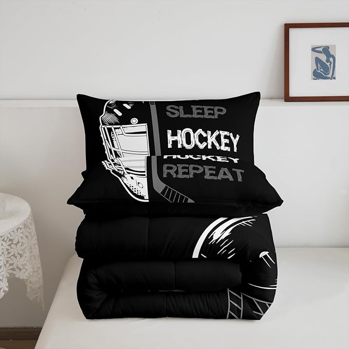 Erosebridal Eat Sleep Hockey Bedding Full,Ice Hockey Comforter for Boys,Winter Sports Game Comforter Sets,Hockey Player Stick Quilted Duvet with 2 Pillowcases Home Room Decor,Black Gray