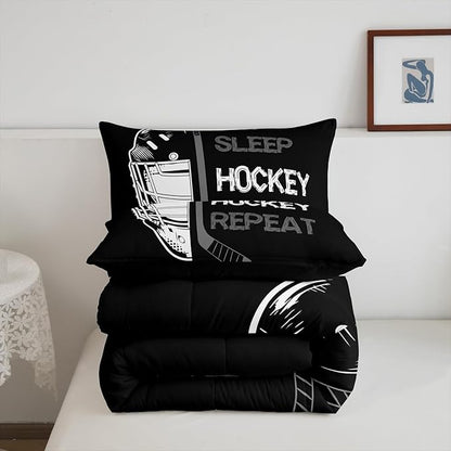 Erosebridal Eat Sleep Hockey Bedding Full,Ice Hockey Comforter for Boys,Winter Sports Game Comforter Sets,Hockey Player Stick Quilted Duvet with 2 Pillowcases Home Room Decor,Black Gray