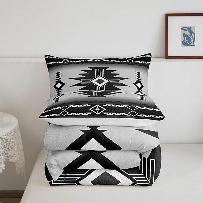 Southwest Comforter Set Queen Size,Southwestern Aztec Bedding Set 3Pcs Vintage Tribal Geometric Pattern Quilt Set for Kids Teens Boys Adult Room Decor,White Grey Duvet Insert,2 Pillowcases