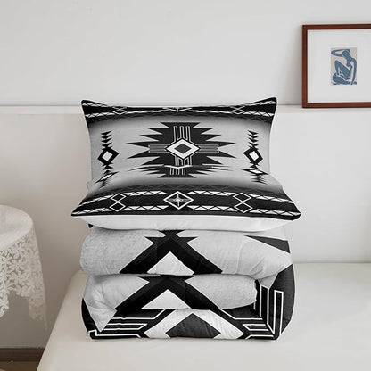 Southwest Comforter Set King Size,Southwestern Aztec Quilt Set 3Pcs Vintage Tribal Geometric Pattern Bedding Set for Kids Woman Men Adult Room Decor,White Grey Duvet Insert,2 Pillowcases