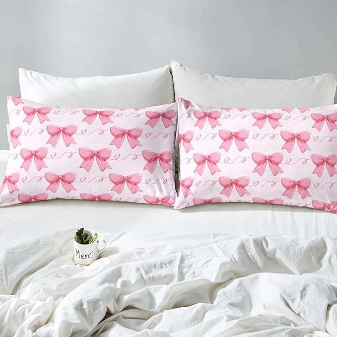 Erosebridal Bowknot Down Comforter King Size, Dreamy Princess Style Comforter Set for Girls Women Bedroom Decor, Cute Bow Tie Bedding Set Pink Girly Kawaii Quilt for All Season