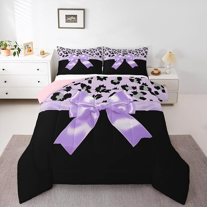 jejeloiu Purple Silk Bowknot Duvet Cover King Size Grey Leopard Bedding Set for Kids Girls Women Black Purple Comforter Cover Set Sweet Romantic Bedspread Cover 3Pcs