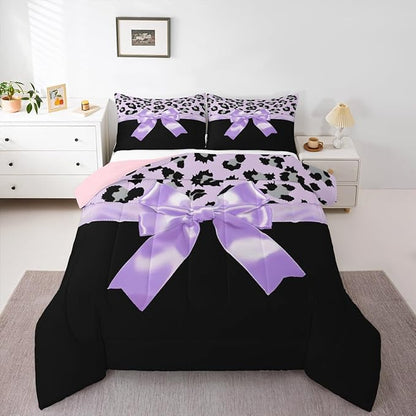 jejeloiu Purple Silk Bowknot Duvet Cover King Size Grey Leopard Bedding Set for Kids Girls Women Black Purple Comforter Cover Set Sweet Romantic Bedspread Cover 3Pcs