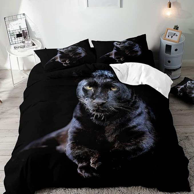 VIVIHOME 3PCS Black Panther Bedding Set, King Duvet Cover, African Safari Wild Animal Cheetah Leopard Bedding, Comforter Cover, Quilt Cover, Apartment Decor Modern Bedroom Decor for Men, 2 Pillowcases