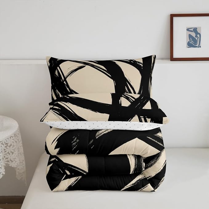 Black and Beige Striped Bedding Set Full Size for Adults Youth Teens,Contemporary Boho Modern Art Comforter Set,Graffiti Stripes Lines Quilt,Aesthetic Geometric Duvet Insert for Minimalists
