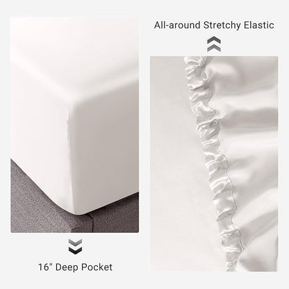 THXSILK 100% Mulberry Silk Fitted Sheet Set, 7A+ Silk 3 Pieces Bed Sheets, Breathable, Smooth, 16 Inch Deep Pocket Fitted Sheet, 2 Pillowcases - White, California King