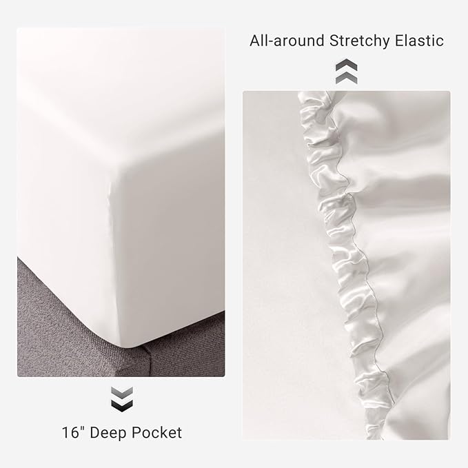 THXSILK 100% Mulberry Silk Fitted Sheet Set, 7A+ Silk 3 Pieces Bed Sheets, Breathable, Smooth, 16 Inch Deep Pocket Fitted Sheet, 2pcs Pillowcases - White, King