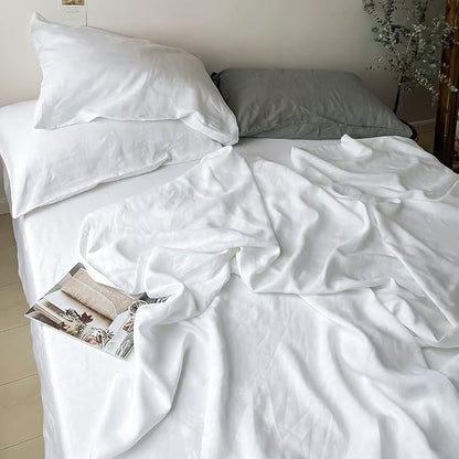 Simple&Opulence Washed Linen Bed Sheet Set Basic Style 4 Pieces (1 Flat Sheet & 1 Fitted Sheet & 2 Pillowcases) 100% Natural French Flax Soft Breathable Farmhouse Bedding (Queen, White)