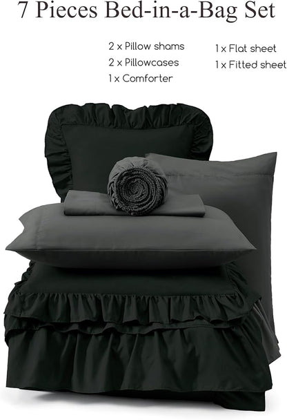 King Size Comforter Set Black, Ruffle Shabby Chic Bedding Set Farmhouse 7 Pieces, All Season Fluffy Bed in a Bag with Sheets, Pillowcases & Shams