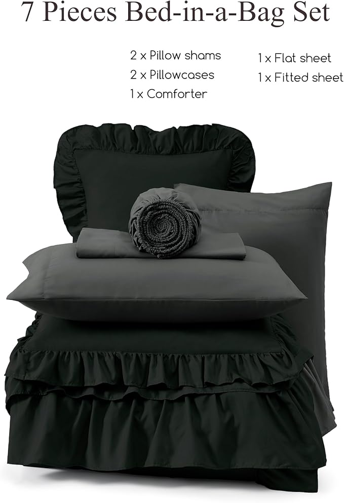 Full Comforter Set Black, Ruffle Shabby Chic Bedding Set Farmhouse 7 Pieces, All Season Fluffy Bed in a Bag with Sheets, Pillowcases & Shams