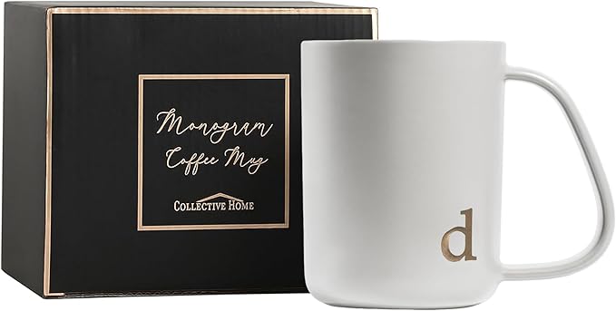 COLLECTIVE HOME - Ergonomic Handle Ceramic Mug, 15 oz Personalized Coffee Cup with Golden Initial, Microwave & Dishwasher Safe, Elegant Monogram Tea Mug in Gift Box for Home & Office (White-d)
