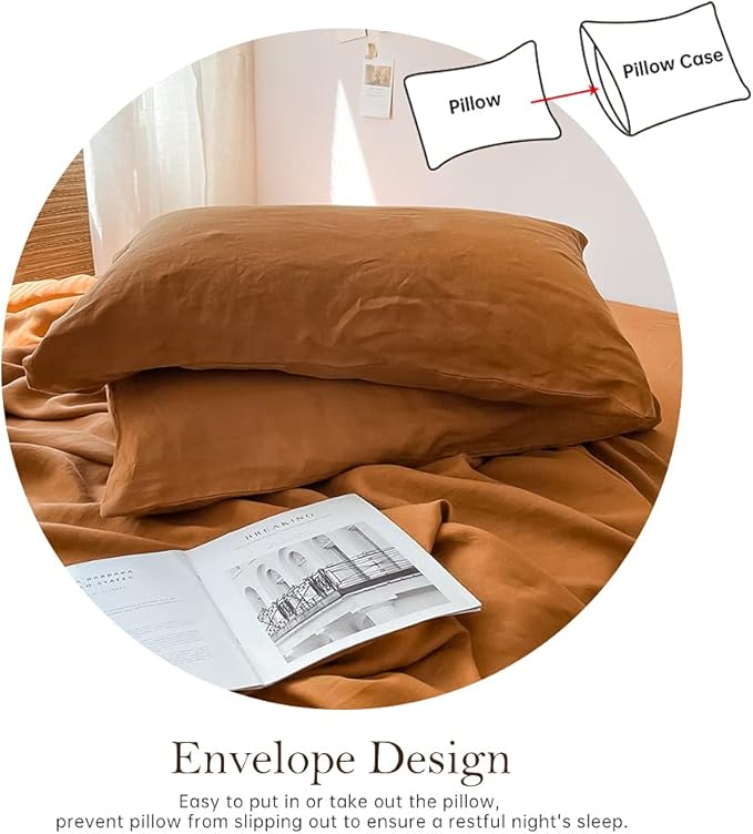 Simple&Opulence Washed Linen Bed Sheet Set Basic Style 4 Pieces (1 Flat Sheet & 1 Fitted Sheet & 2 Pillowcases) 100% Natural French Flax Soft Breathable Farmhouse Bedding (Queen, Rust)