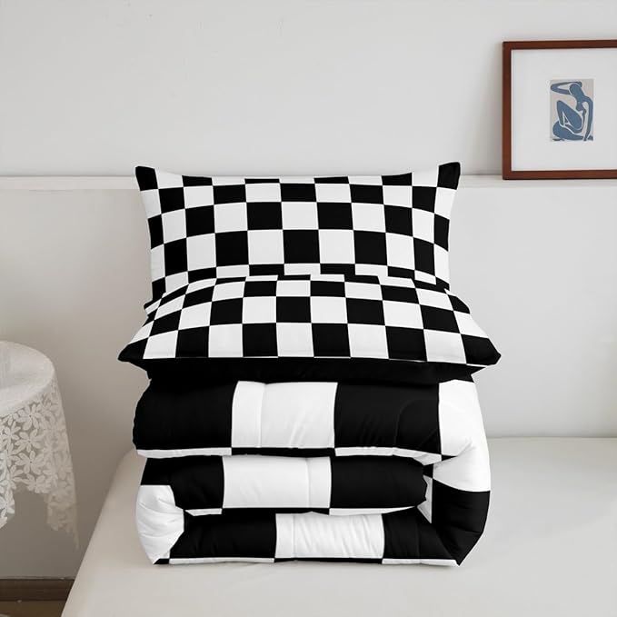 Feelyou Checkered Retro Bedding Set Teen Women Men Black White Plaid Comforter Set Full Size Kids Boys Girls Geometric Vintage Duvet Insert Modern Simple Groovy Aesthetic Room Decor