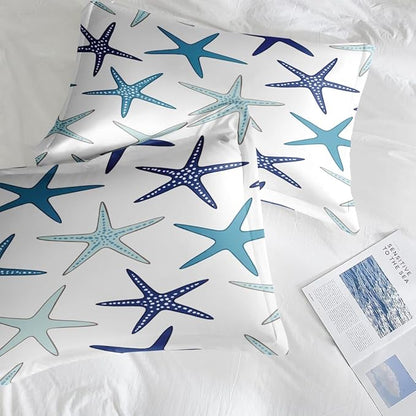 Comforter Set Twin Size, Coastal Nautical Starfish Soft 2 Pcs Bedding for Kids and Adults, Navy Blue Turquoise Sea Comforter Set with Pillowcase, for Bedroom Bed Decor