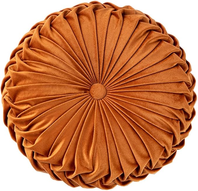 NatureMan 13.7 inch Round Sofa Cushion Pure Color Velvet Home Decor, Pleated Round Cushion, Pumpkin Pillow Suitable for Home Bed car Decoration (Orange)