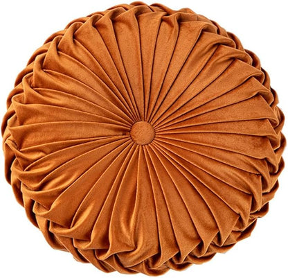 NatureMan 13.7 inch Round Sofa Cushion Pure Color Velvet Home Decor, Pleated Round Cushion, Pumpkin Pillow Suitable for Home Bed car Decoration (Orange)