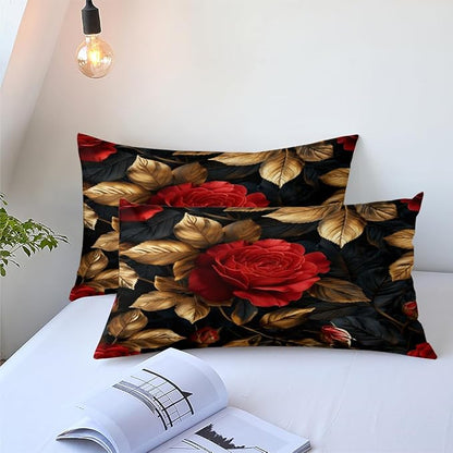 Floral Comforter Set Queen Black Red Botanical Flower Bedding Set Modern Aesthetic Bedding Sets Soft Lightweight Microfiber Comforter Sets for All Season